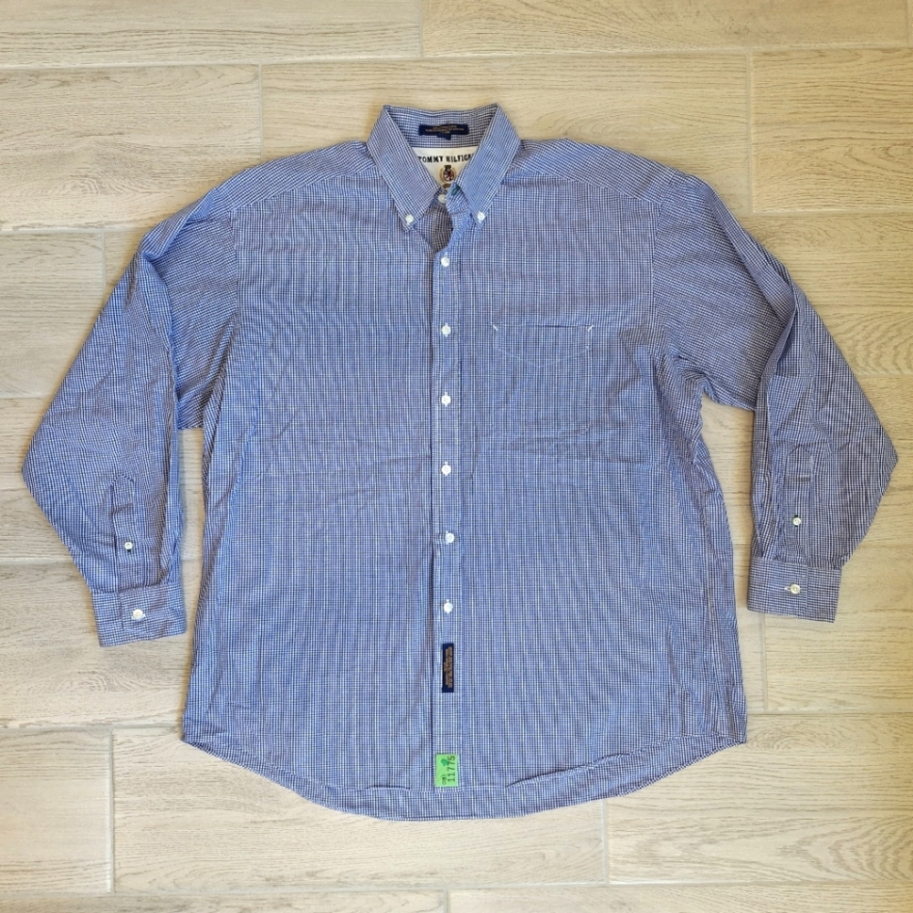 Tommy Hilfiger men's blue and white checked long-sleeved button-down shirt 17 35